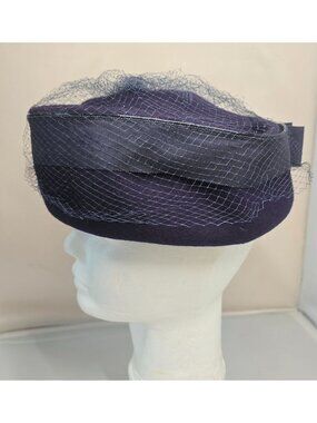 Vintage Glenover Hat Ribbon Veil pillbox Navy Blue Felt formal  derby party